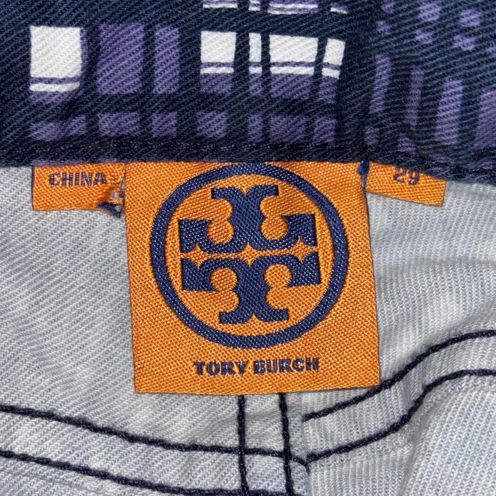 Tory Burch Conner Tab Front Skinny Pants Navy Purple Plaid Grid Size 29 - Picture 3 of 12
